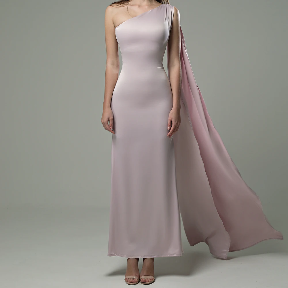 

Customized Formal Jersey Straight One Shoulder Evening Dress Floor Length Sleeveless Watteau Train Bespoke Occasion Gowns