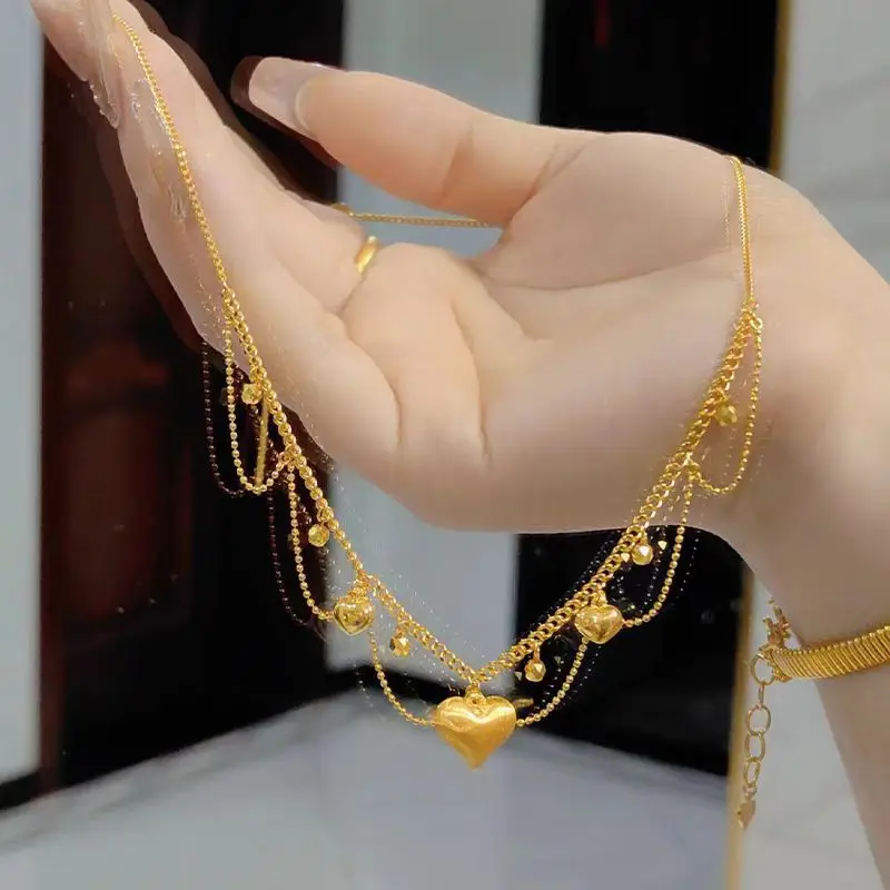 Mylux Jewelry 24K real gold high class lace drop necklace Silk tassel set chain 999 gold clavicle chain hollow pendant for girlf