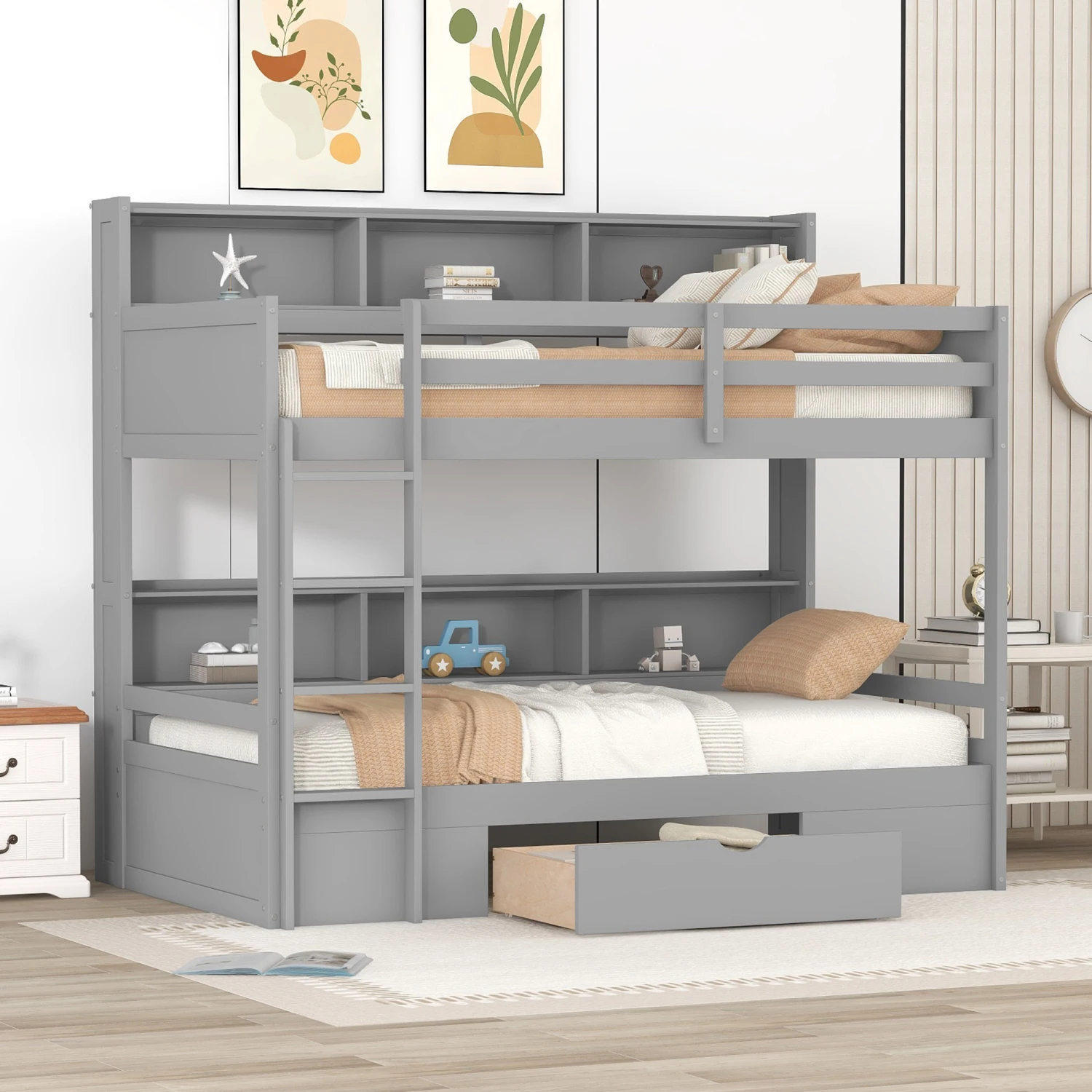 

Twin Size Bunk Bed with Built-in Shelves Beside both Upper and Down Bed and Storage Drawer,Gray