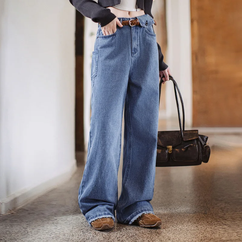 

Maden Vintage Women's Denim Jeans for Autumn Winter Wide Leg Frayed Jeans Mid-waisted Straight Fit Pants Fashion Trendy Trousers