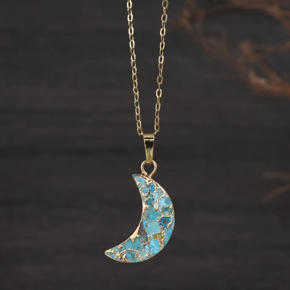 

BOROSA 18k Golden Plated Moon Shape Copper Turquoise Pendant Necklace for Women Gold-line Turquoise Gemstone Necklace Jewelry
