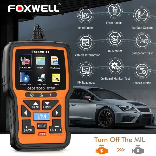 FOXWELL NT301 OBD2 scanner; Professional mechanic OBDII diagnostic code reader; Check engine light;