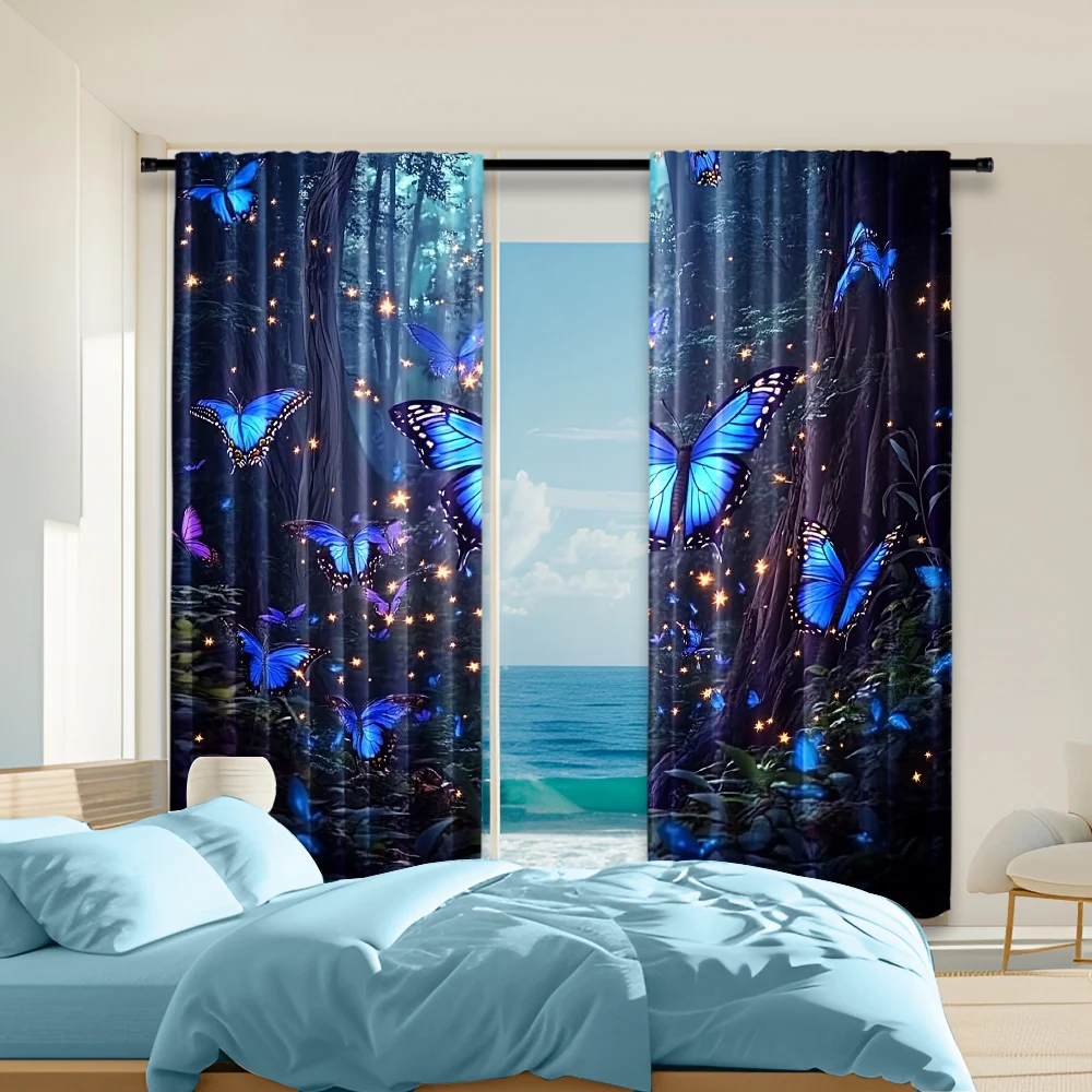 

2Pcs Butterfly Forest Prints Window Curtain Rod Pocket Window Treatments For Bedroom Living Room Dormitory Office Home