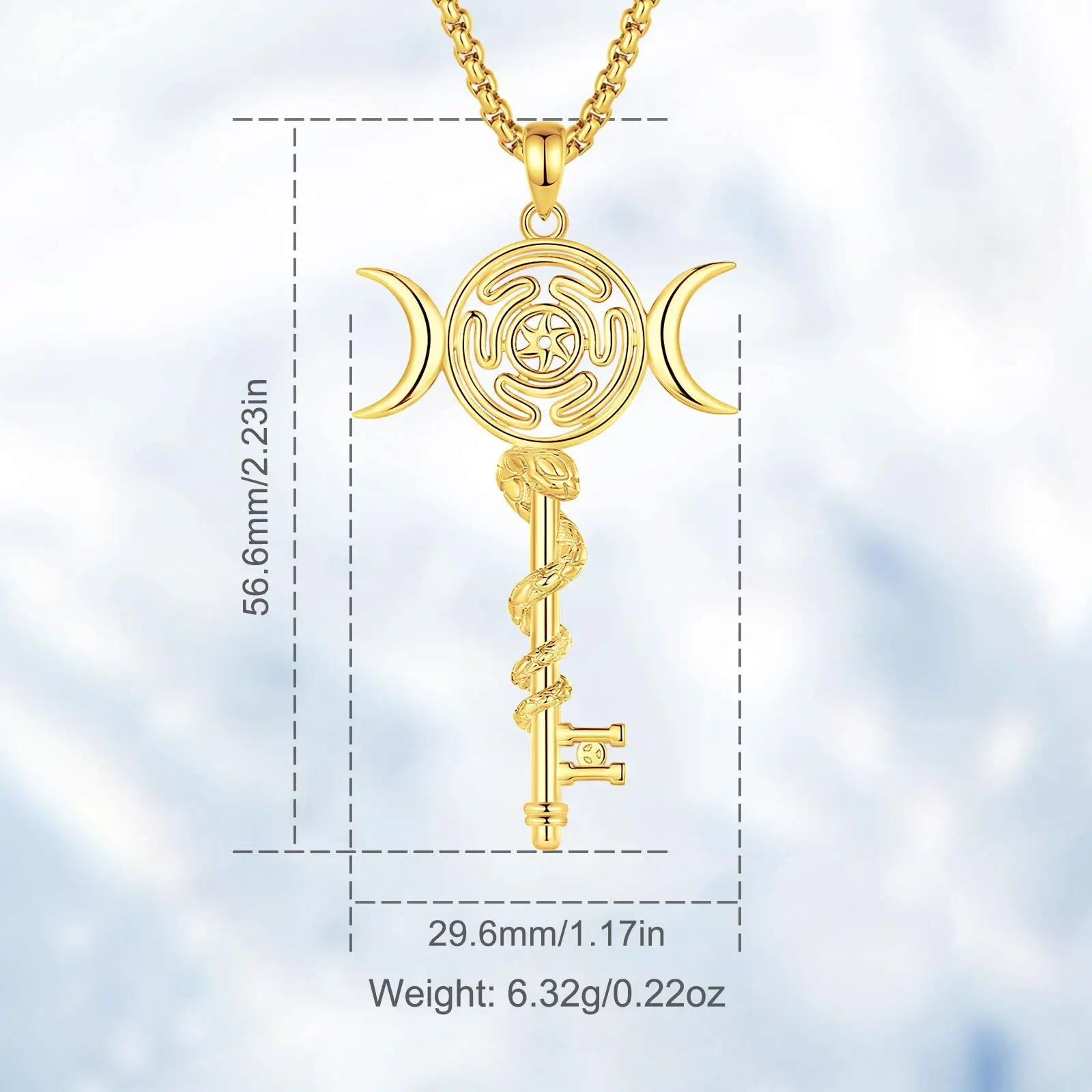 AEONSLOVE Gold Plated Sterling Silver Hecate Snake Necklace Women Triple Moon Goddess Key Pendant Spiritual Jewelry Witch Amulet view 6
