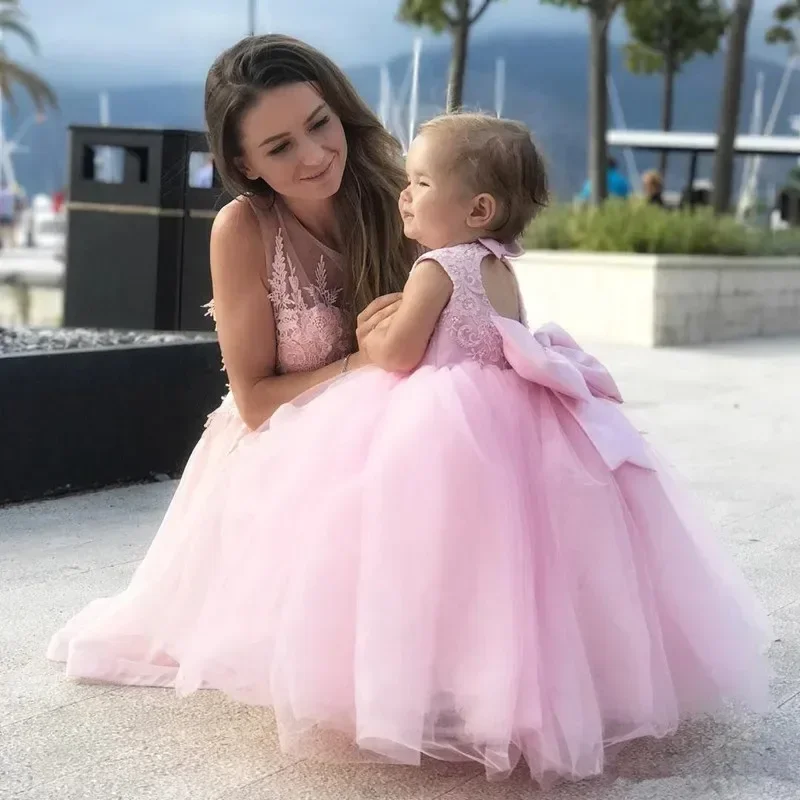 Pink Lace Flower Girls Dresses A Line Backless Bow Baby Girl Birthday Wedding Princess Party First Communion Gown