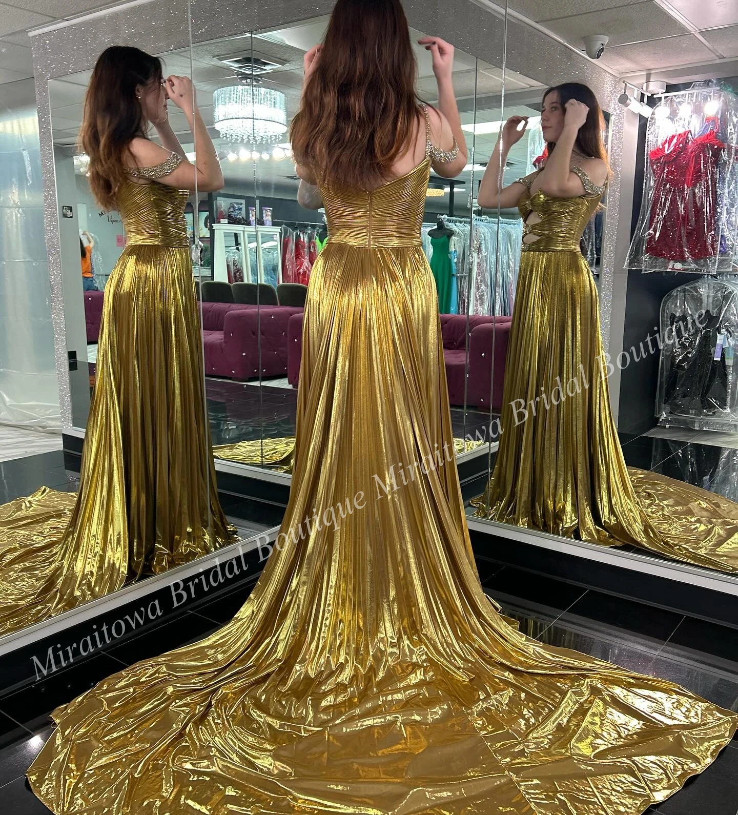 Gold Metallic Prom Dress Beaded Off-Shoulder Pleated Split Winter Formal Evening Party Gown Special Occasion Pageant Gala Oscar