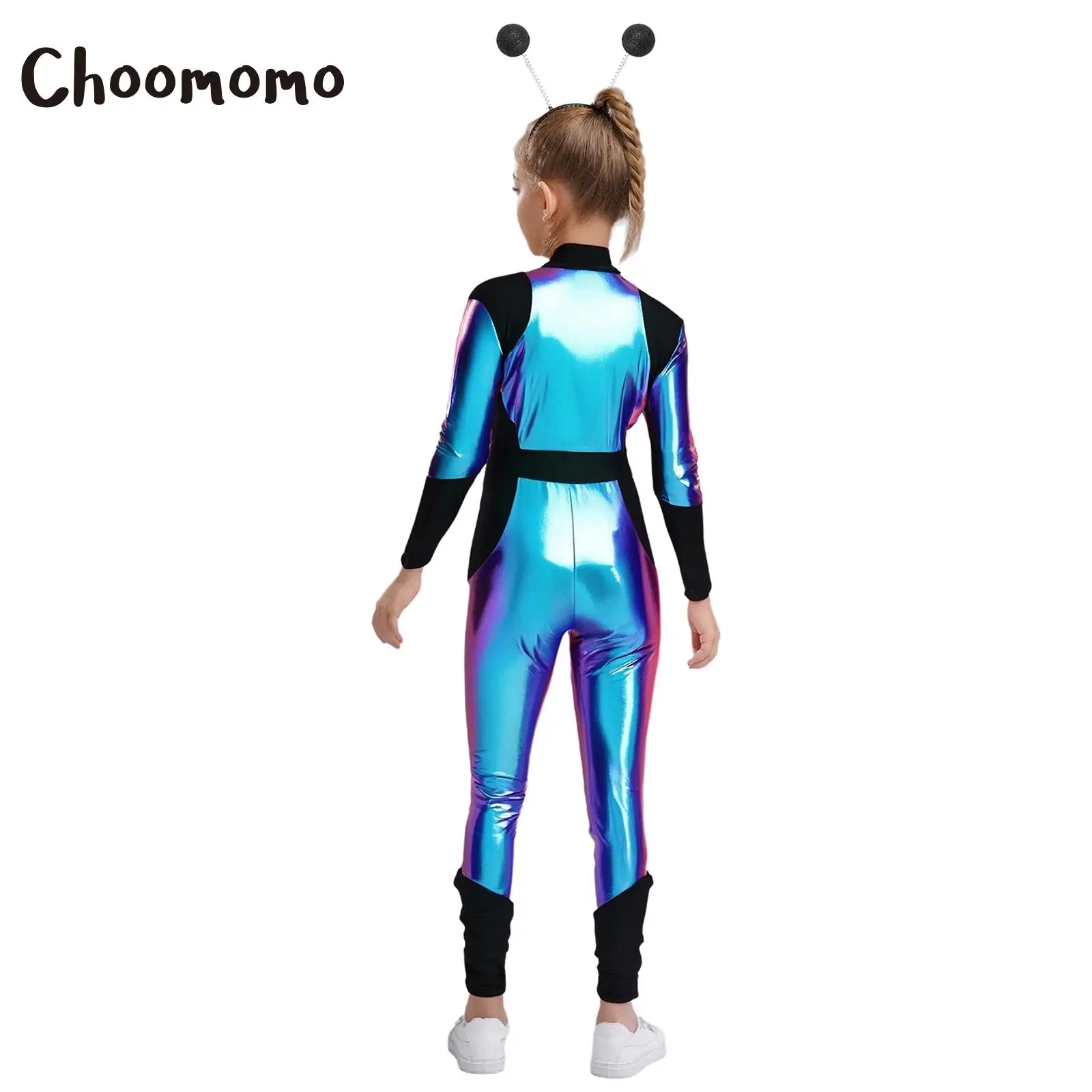

Unisex Boys Girls Cosplay Alien Robot Costume Outer Space Astronaut Metallic Shiny Jumpsuit with Hair Hoop Halloween Zipper Suit