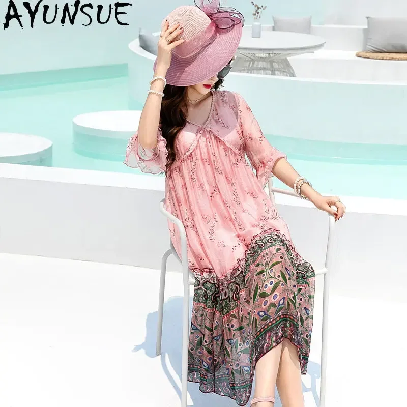 

100% Mulberry Real Silk Dress Summer Lotus Leaf Sleeve Dresses Women's Clothing Mid Length Floral A-line Dress Vestido Feminino