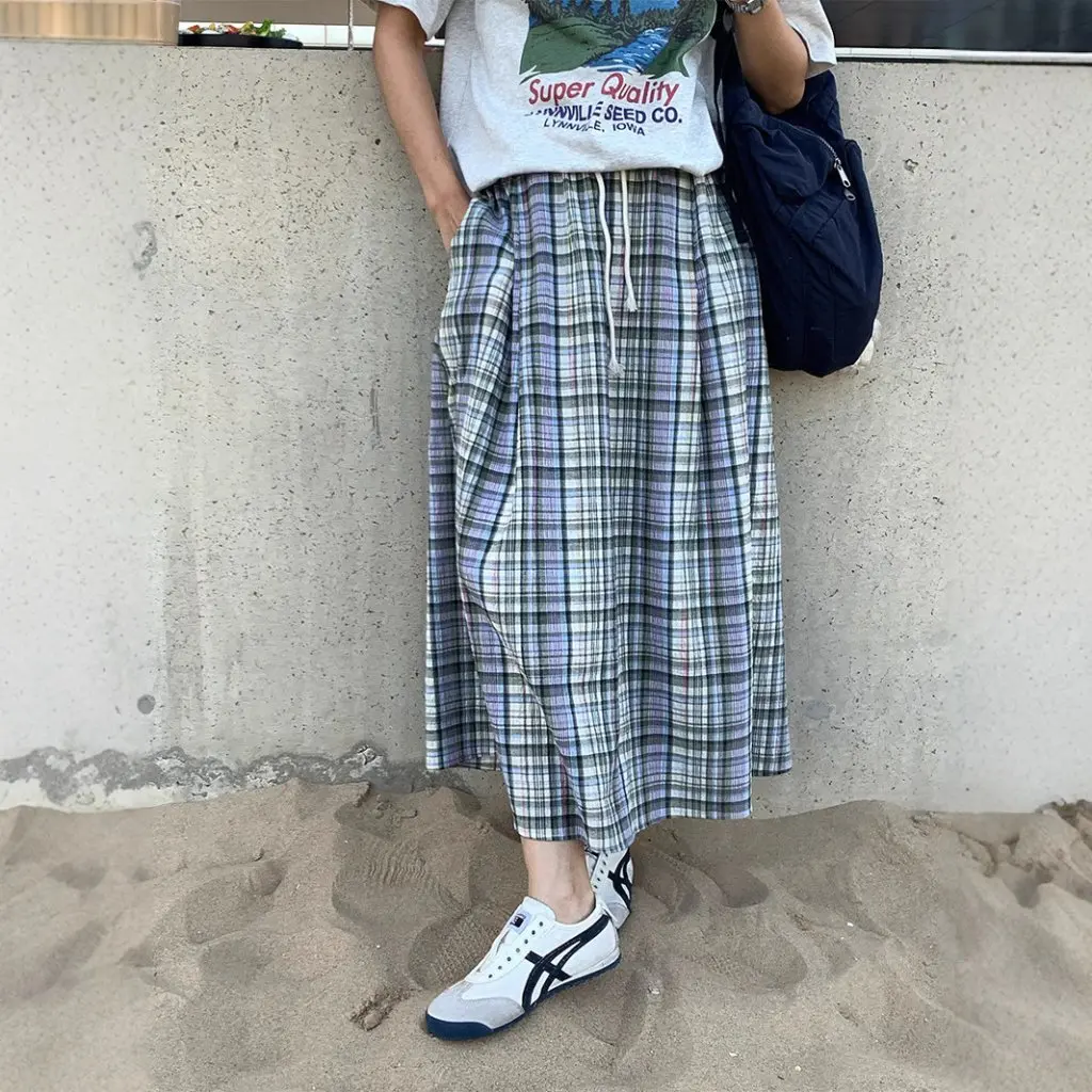 

Korean Style Retro Skirt for Women Summer Elastic Waist Lace-Up Slim Checkered Dress Color Matching Half Skirt 520622