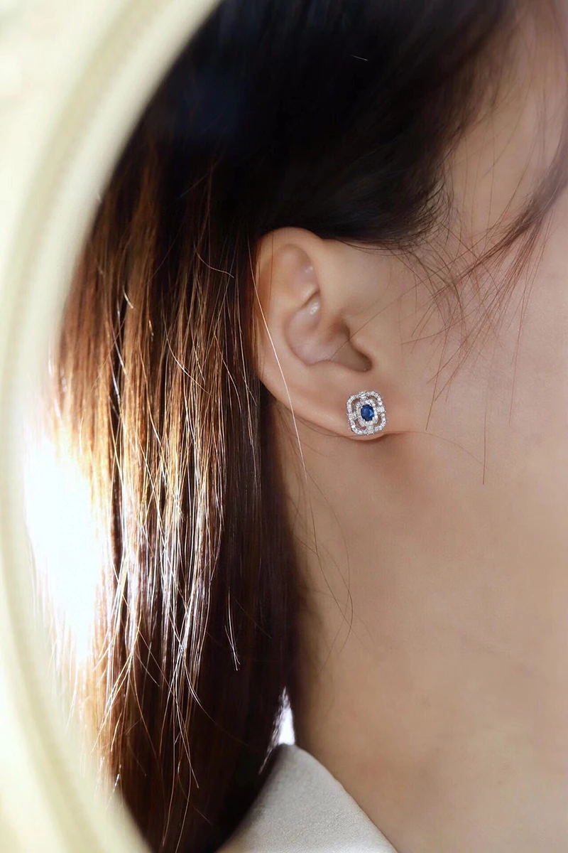 KUGG 100% 18K White Gold Earrings Fashion Square Design Real Natural Diamond Natural Sapphire Earrings for Women Fine Jewelry