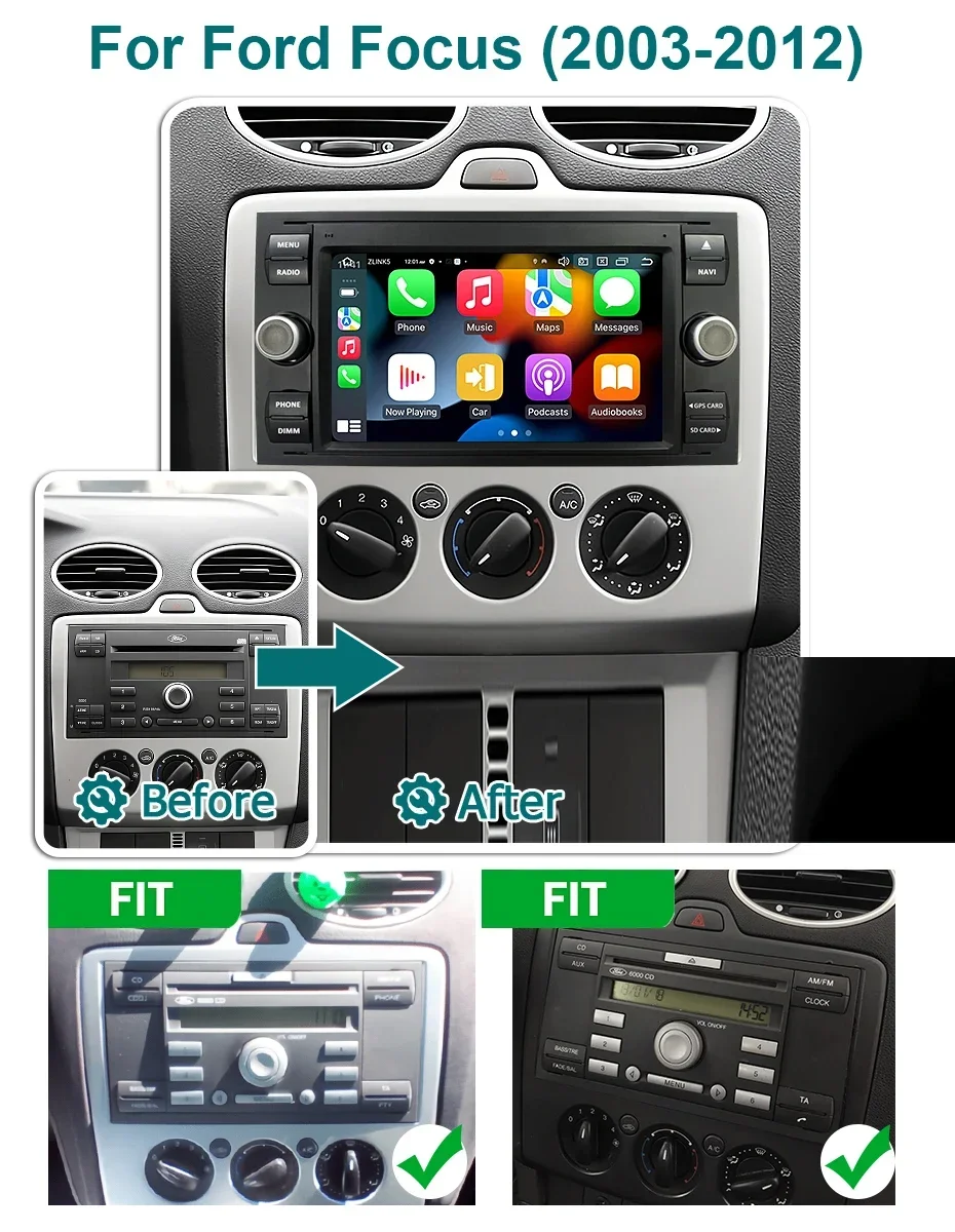 Kabelloses Carplay Android 14 Auto-Radiobildschirm für Ford Focus Mondeo C-MAX S-MAX Galaxy II Kuga Fiesta Fusion Kuga Mondeo Galaxy 2 2 Din Autoradio Multimedia-Player GPS Bluetooth WIFI 4G LTE – Detail 2