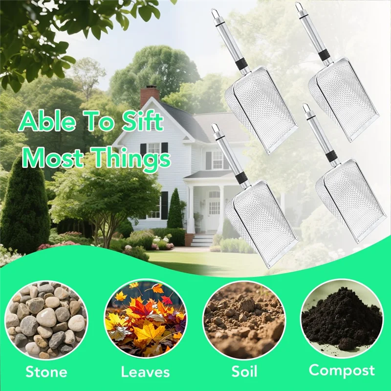 

AT19-4PCS Soil Sifter For Gardening Stainless Steel Cat Litter Shovel Portable Garden Sieve For Soil,Rocks,Dirt,