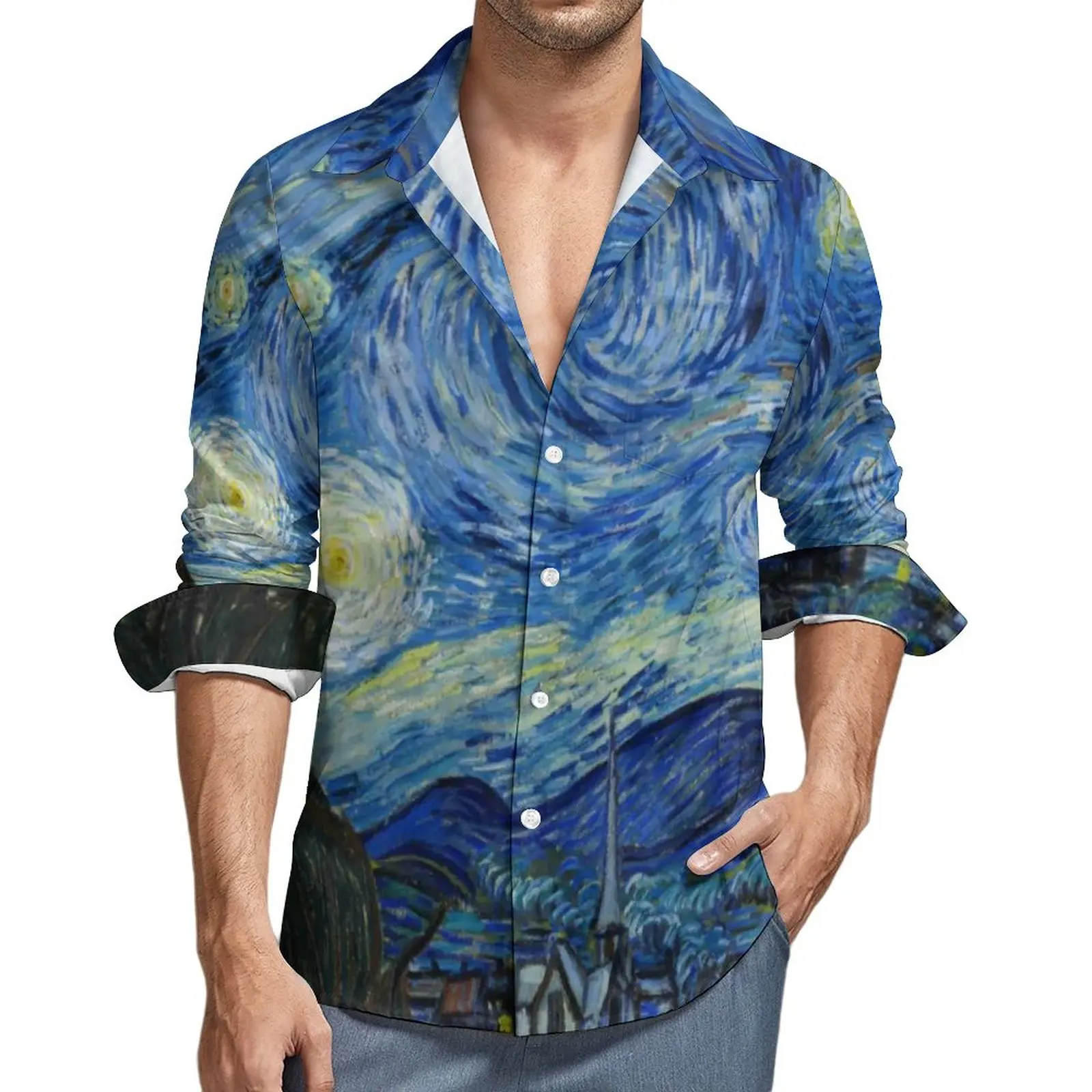 

Star Van Gogh Shirt Spring The Starry Night Impressionism Casual Shirts Mens Novelty Blouses Graphic Street Clothes Plus Size