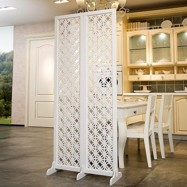 2026 White Color Movable Partition Wall Wood Carved Design Rattan Handcraft Room Divider Screen