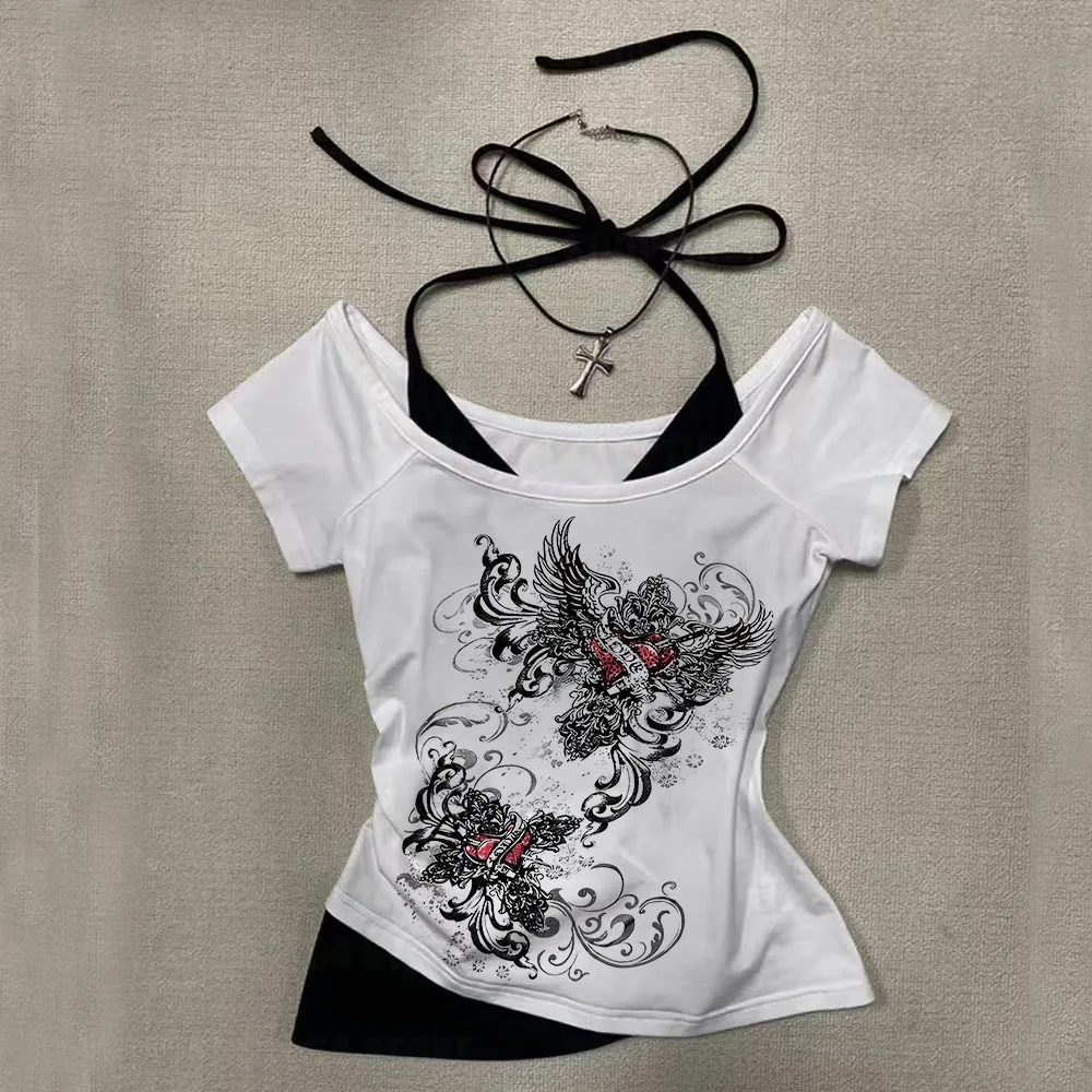 Short sleeved T-shirt Neploe American Retro Fake Two piece Strap Strap T-shirt Y2k Slim fit Printed Top Women's Off Shoulder
