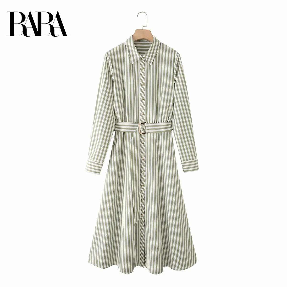 

RARA Womens Casual Commute Style Collared Long Sleeve Shirt Style Mid Length Striped Dress with Belt Decoration