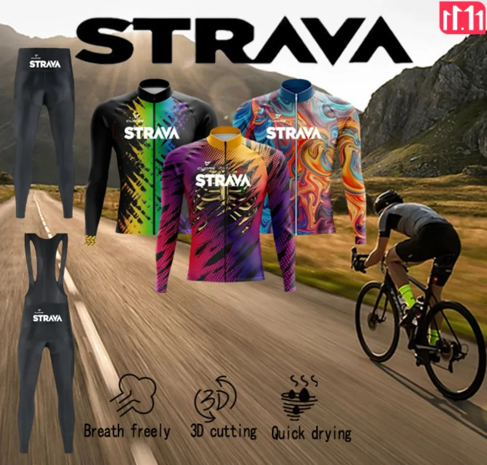 

STRAVA Men's Jacket Jersey Road Mountain Bike Long Sleeve Bib Suit Cycling Sports Outdoor Christmas Cycling Gear Gifts