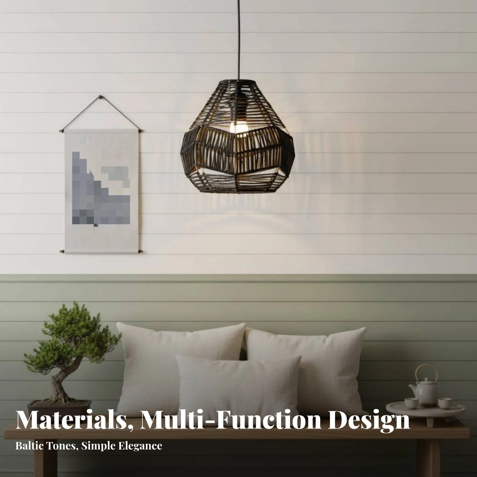 

Woven Hanging Lampshade Natural Material Handmade Chandelier Shade Boho Hanging Lamp Hollow-Openwork Design Indoor Lighting