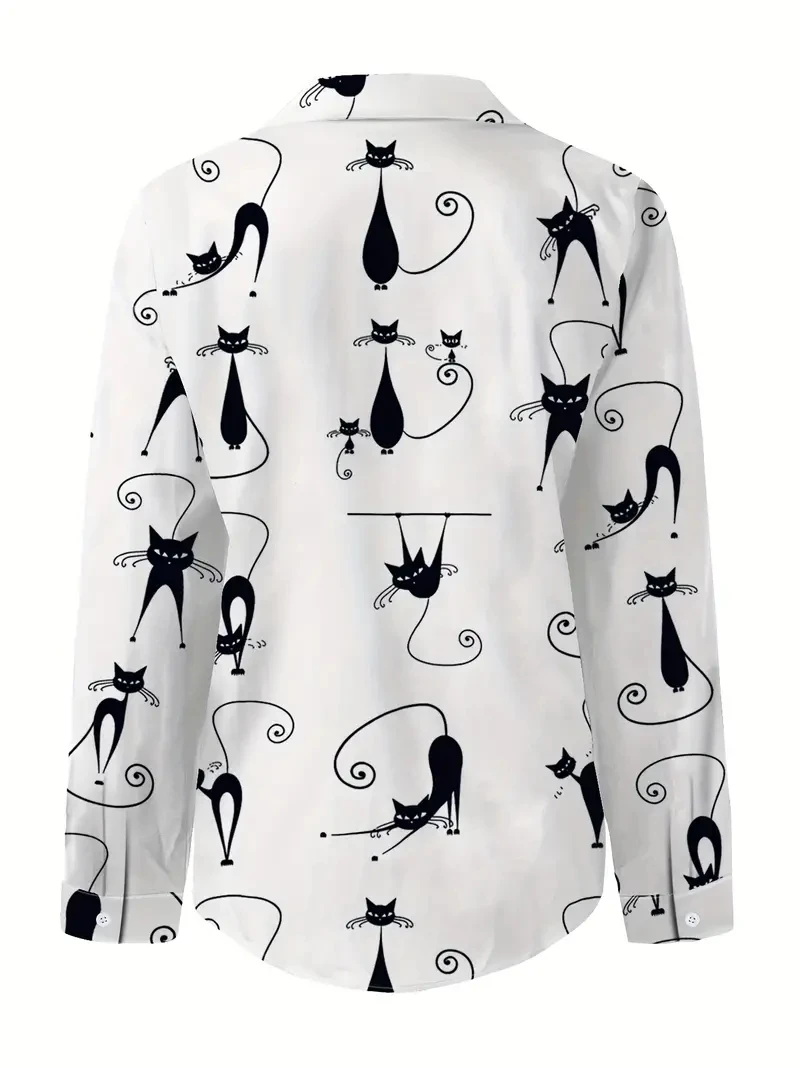 2024 Women\'s Shirts & blouses Cute Cat Print Button Front Shirt, Casual Lapel Long Sleeve ShirtWomen\'s Clothing