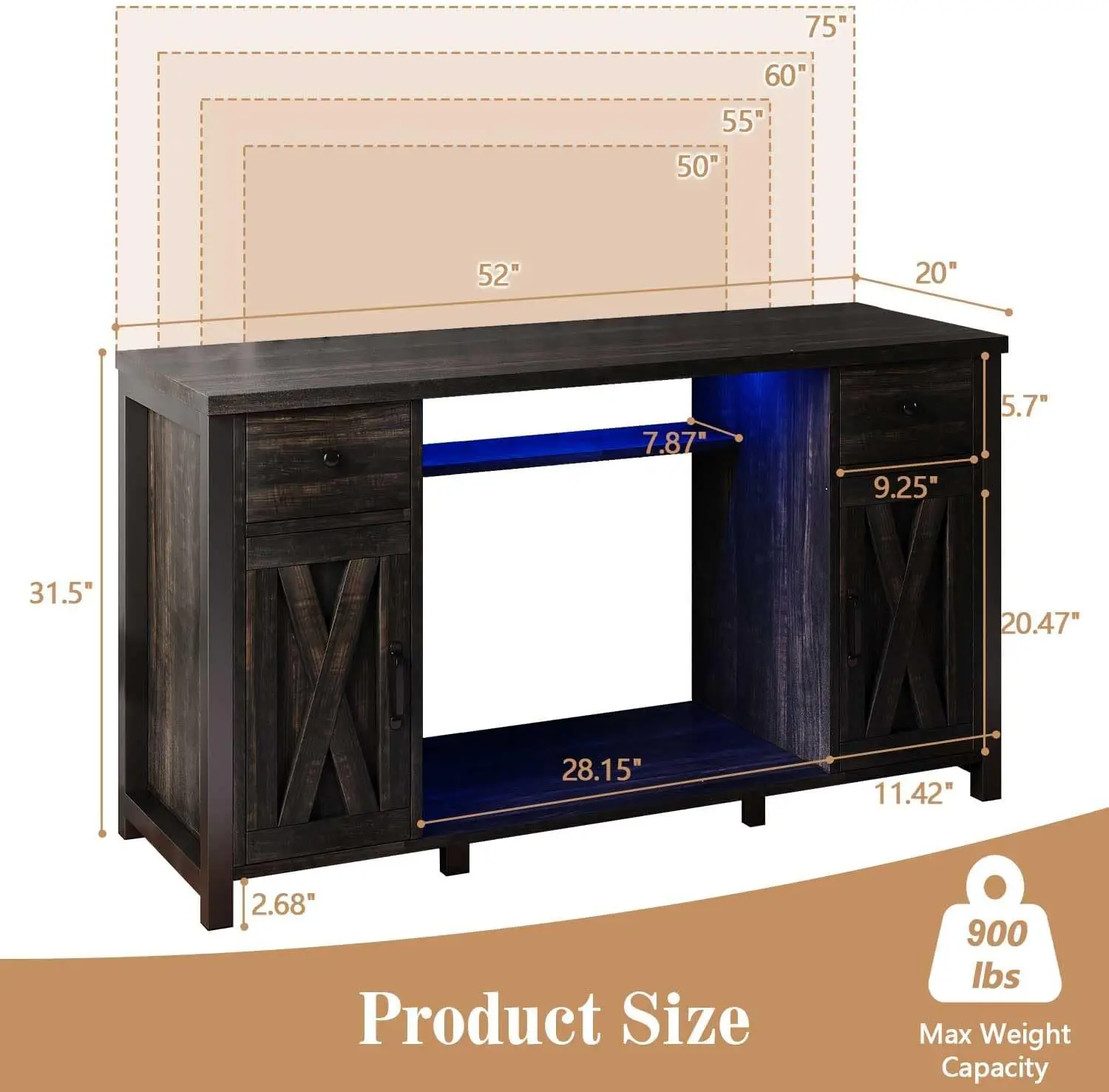 55-75 Gallon Fish Tank Stand, Aquarium Stand with Storage, Dark Oak | 52 x 20 In Top, Farmhouse Turtle Tank Stand, 2 Drawers
