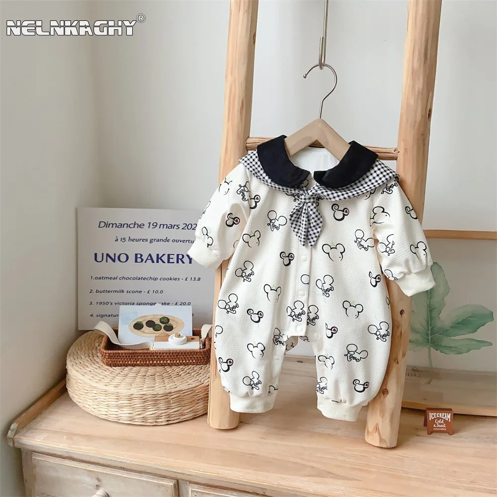 

2023 Autumn New In: Cute Plaid Print Cartoon Jumpsuits with Full Sleeves Sailor Collar for Infant Baby Girls, Kids Newborn 0-24M