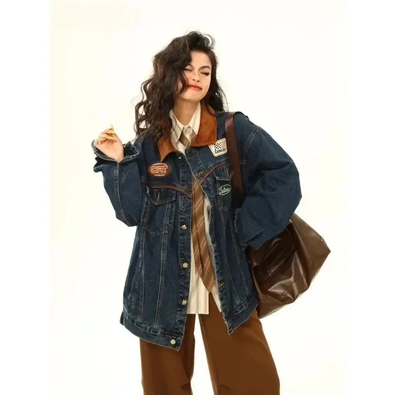 Winter American men Women Single Breasted Loose Y2K Appliques Coat Casual Turn Down Collar Baggy Patchwork Retro Denim Jacket