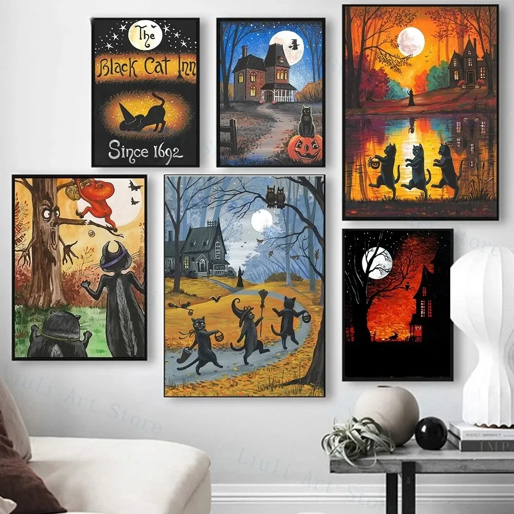 ملصق مطبوع على القماش عالي الدقة ، فن جداري ، ساحرة للهالوين ، مخيف ، قطة سوداء ، للحفلات ، المنزل ، في الهواء الطلق ، غرفة النوم ، اللوحة الزخرفية