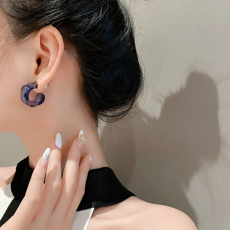 New Acrylic C Shape Earrings for Women Metal Bean Double Layer Drop Earrings Party Gift Trendy Jewelry White Blue Grey
