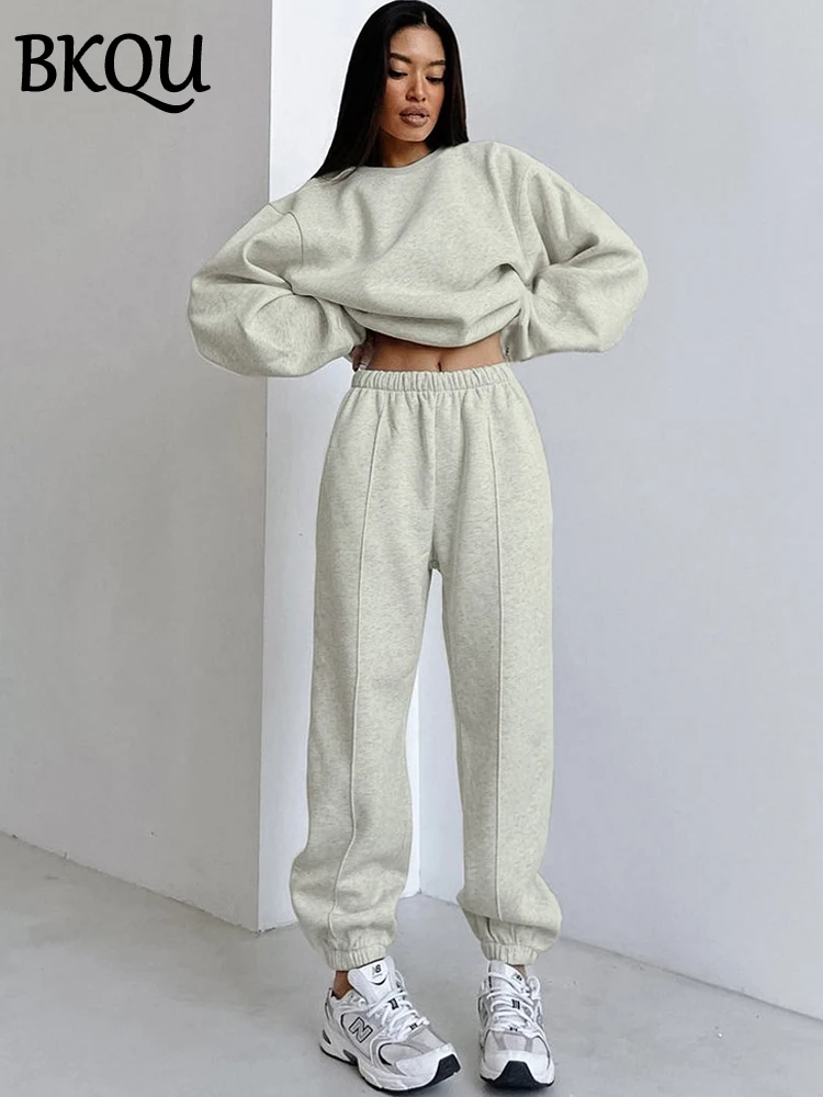 BKQU Winter Fleece Pants Two Piece Set Women Solid Color Long Sleeve Sweatshirts+High Waist Sweatpants Matching Casual Tracksuit