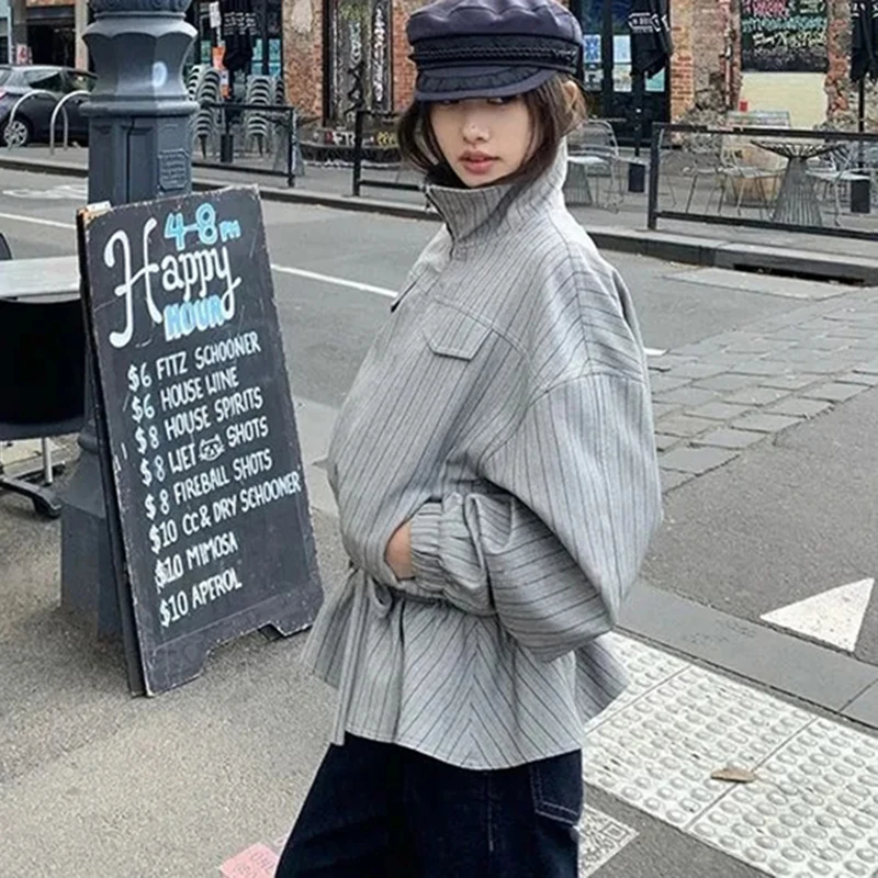 Women Striped Minimalist Jacket Stand Collar Long Sleeve Zip Windbreaker Loose Casual Vintage Street Classic Coat