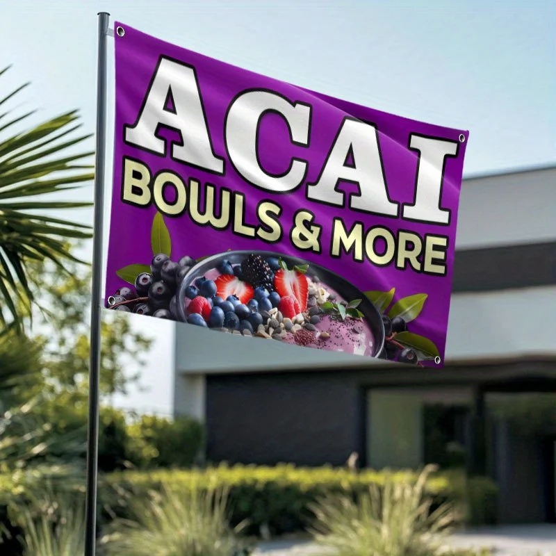 Cuencos Acai morados, pancarta más para exteriores, diseño de cuenco para batidos vibrantes, bayas frescas, detalles de hojas y "ACAI BOWLS & MORE, 1 ud.