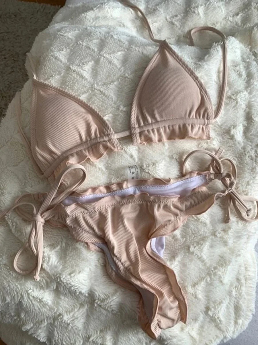 

2026 Ribbed Ruffled Frilled Brazilian Bikini Women Swimsuit Female Swimwear Two Pieces Bikini Set Halter Bathing Suit Swim Lady