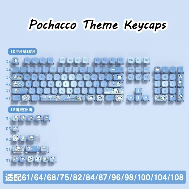 122Keys Keycaps Set Sanrio Pochacco Theme Keycaps for Mechanical Keyboard Accessories Four-Sided Translucent PBT Material Keycap