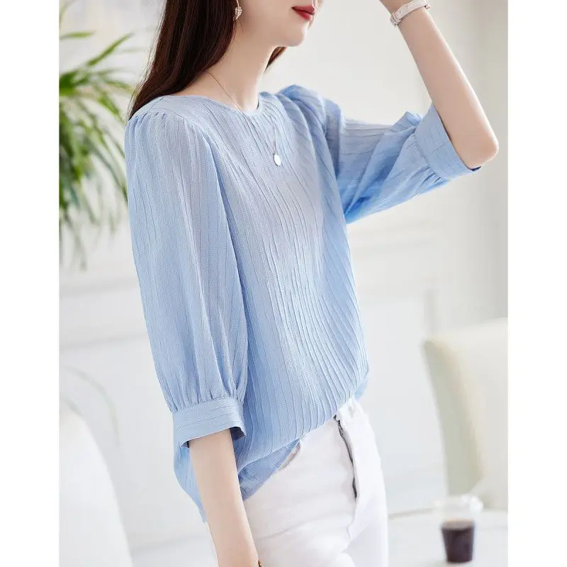 2023 Texture Button Chiffon Shirt Summer Crew Neck Azure Blue Chic Pullover Half Lantern Sleeve Pleated Fashion Women Blouses