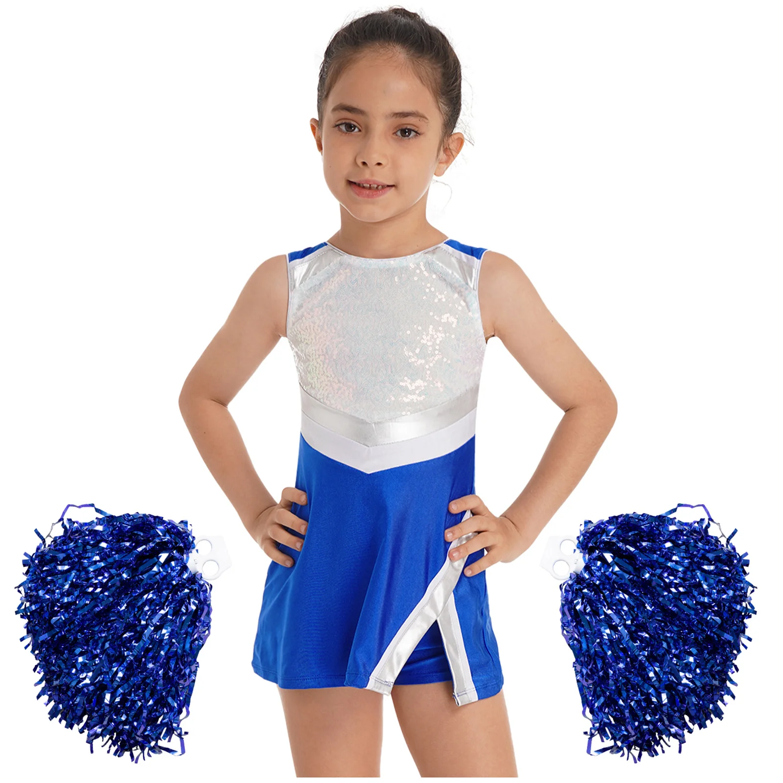 

Fashion Kids Girls Dance Outfit Sleeveless Round Neck Dress with Shorts And 2Pcs Flower Balls Set for Cheerleading Performance