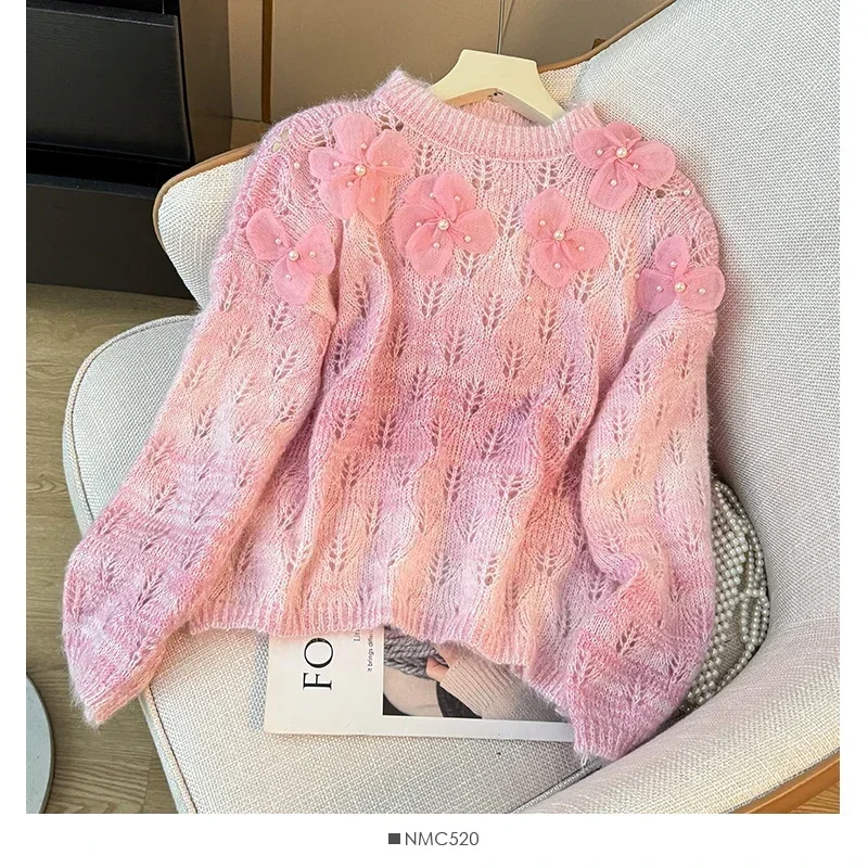 DAYIFUN French Nail Bead Hollow Knitted Sweater Women Three-dimensional Flower Long Sleeved Pullover Autumn Versatile Daily Top