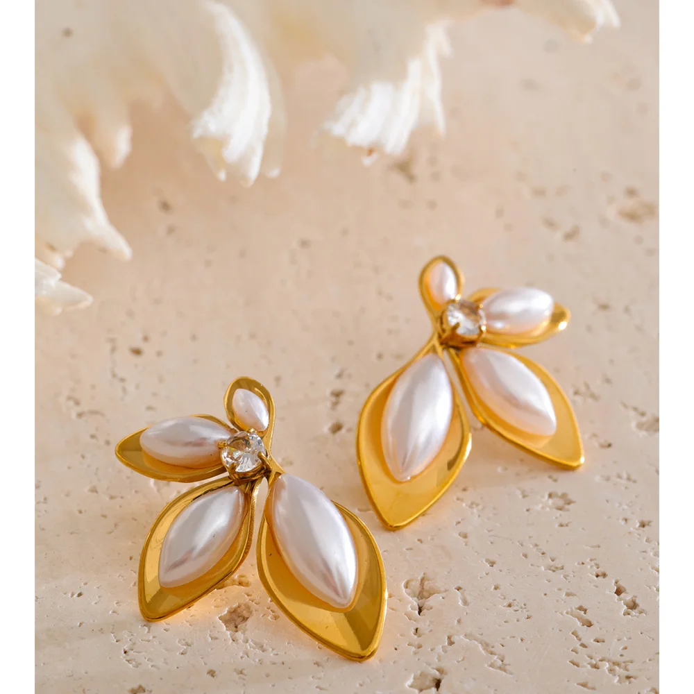 Yhpup Hot Style Simulated Pearls Zirconia Flower Stud Earrings Stainless Steel Fashion Chic Charming Jewelry Prevent Allergy
