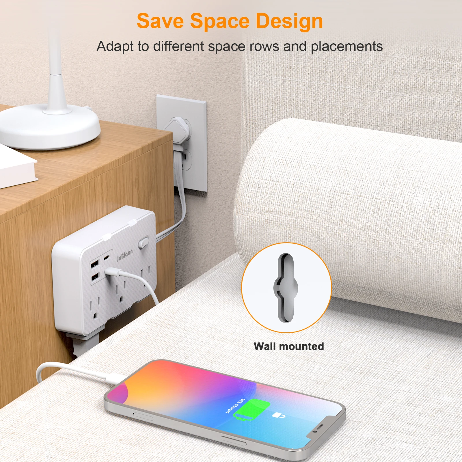 Power Strip with 6AC Outlets 2 USB Ports 2 Type-C 0.5FT Extension Cable US Plug Home Office Wall Desktop Ground Electric Socket