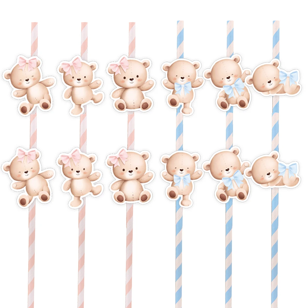 12pcs Blue Pink Bear Straws Eco Striped Carton Straws for Kids Baby Shower Party Bear Themed Happy Birthday Decoration Supply