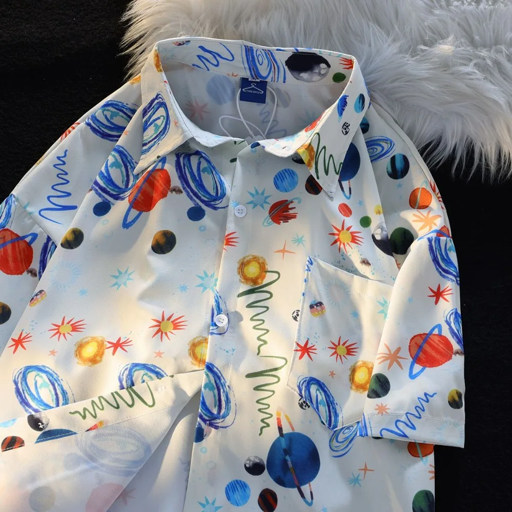 Creative Planet Graphic Shirts Hip Hop Men Oversized Lapel Tops Harajuku Cartoon Blouse Summer Short Sleeve Beach Kawaii Clothes