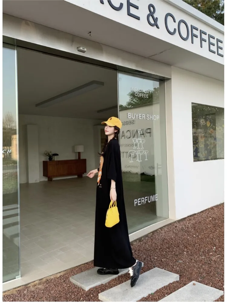 ルーズカジュアル韓国スタイル半袖 Tシャツドレス女性のロングサマードレスルーズスリットラウンドネックミディレディースドレス