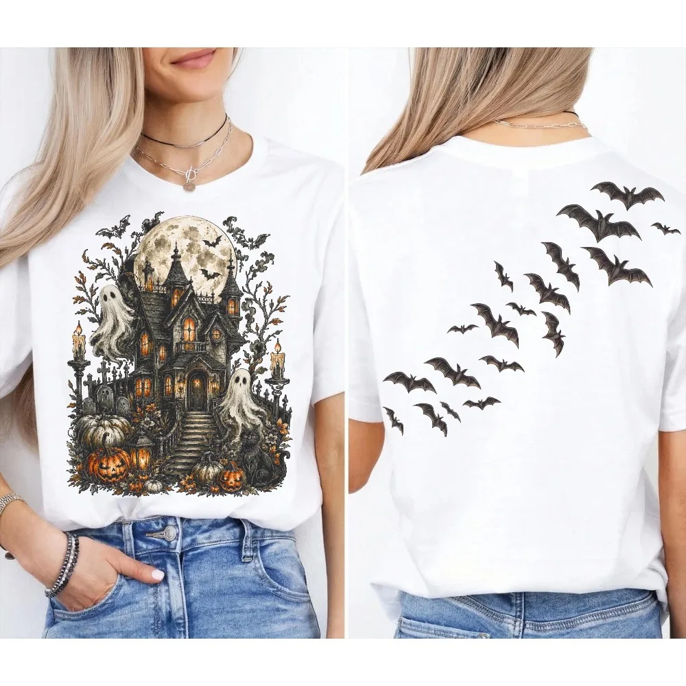 Haunted House Ghost Bat Double Sided Print TShirt Women Vintage Halloween Graveyard Pumpkin Graphic Tee Spooky Season Party Tops