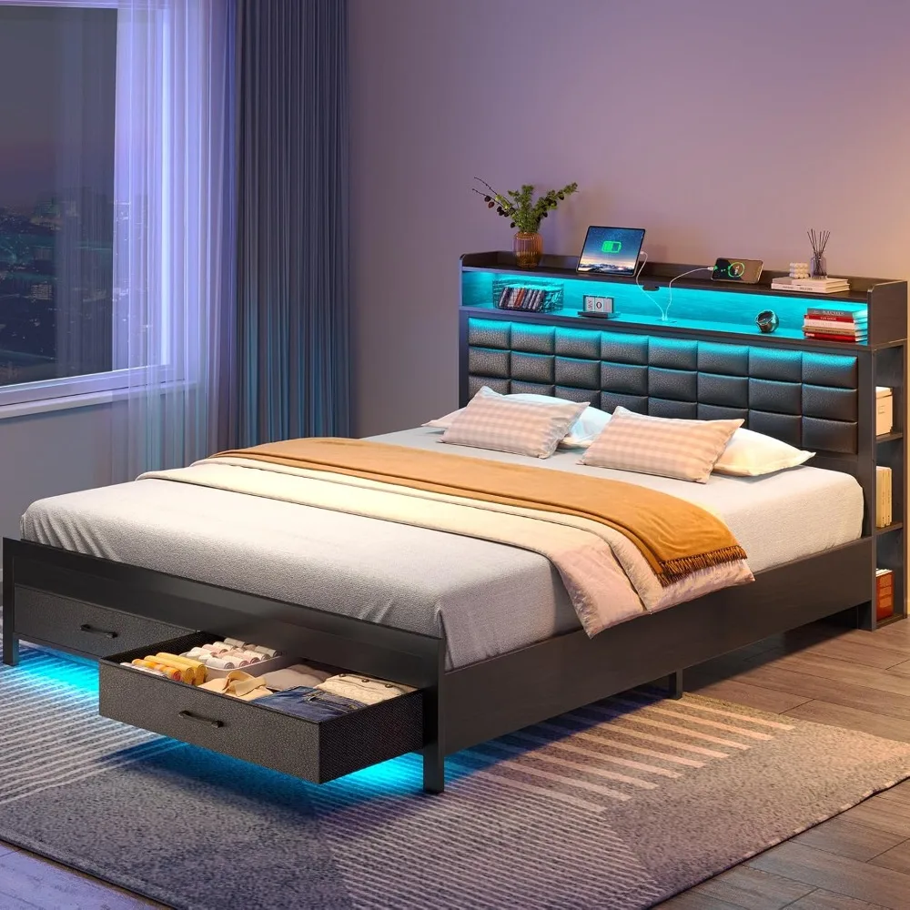 

Rolanstar Bed Frame Full Size with Storage Headboard and 2 Drawers, Upholstered Platform Bed with Charging Station and LED Light
