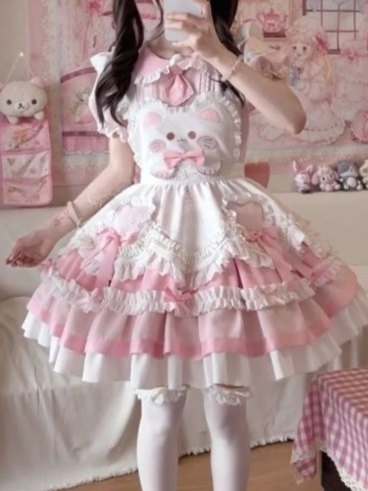 

Girly Cute Pink Лоскутное платье с рюшами, комплект Kawaii, рубашка с пышными рукавами + талия, тонкий ремень, платье, новый комплект из двух предметов в стиле Лолиты для женщин
