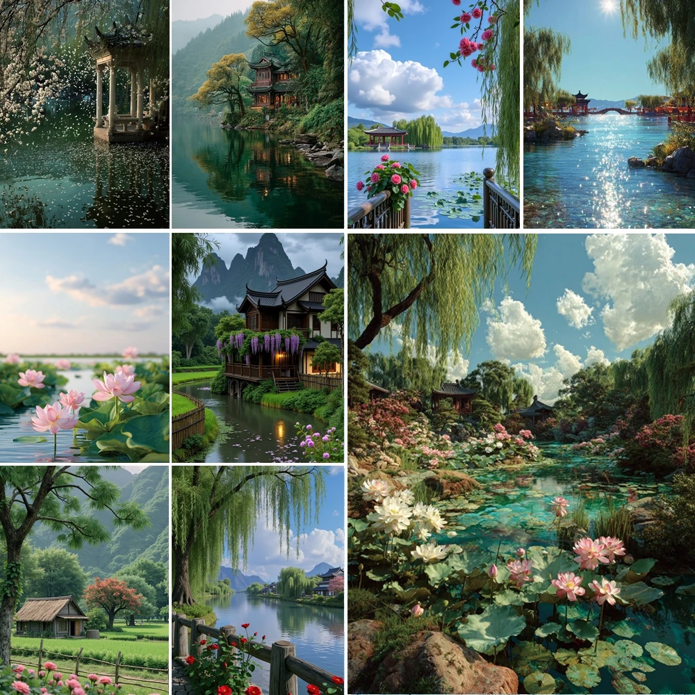 

MOON.QG Water Garden Photographic Background Pavilion Water Tree Backdrop Women Portrait Photo Studio Photozone Accessories