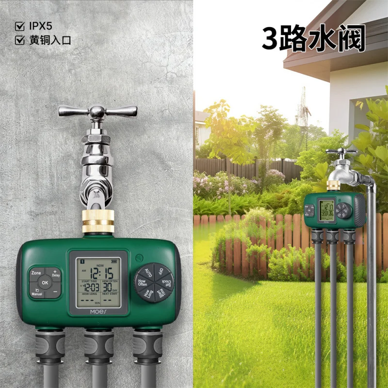 

3-Way Irrigation Water Valve IP55 Waterproof Knob Button LCD Display Brass Water Inlet Irrigation Timer