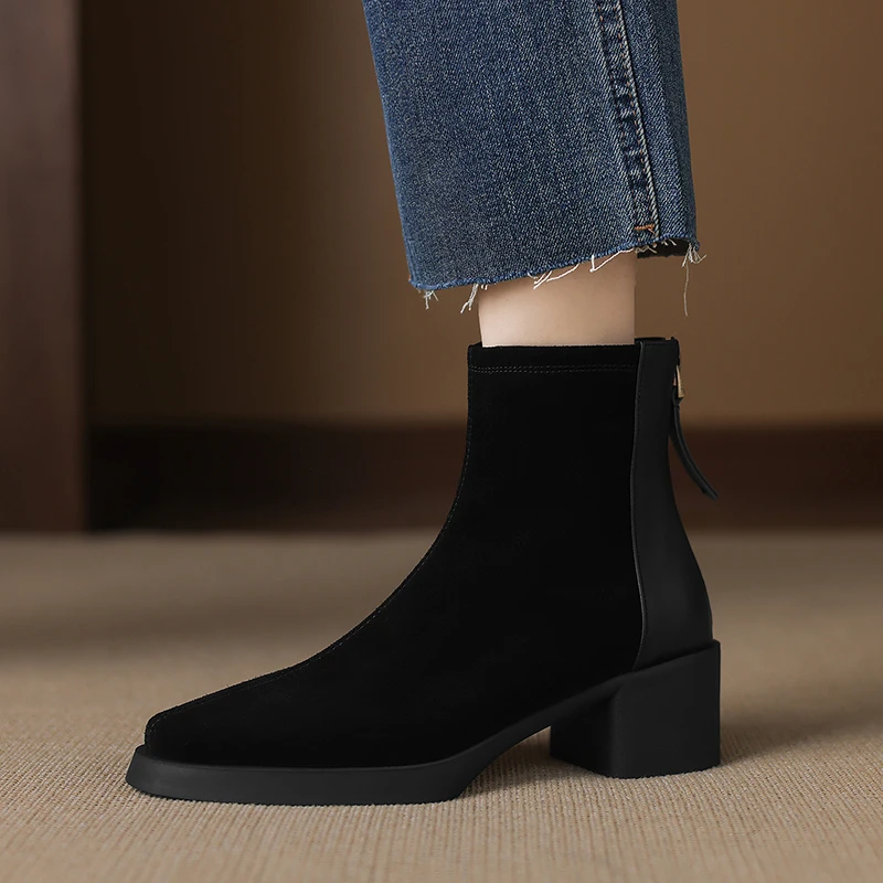 

2025 New Women's Short Boots Cow Suede Retro Chunky Heel High Heel Boots Female Large Size Pointed Toe Women Shoes Ankle Boots