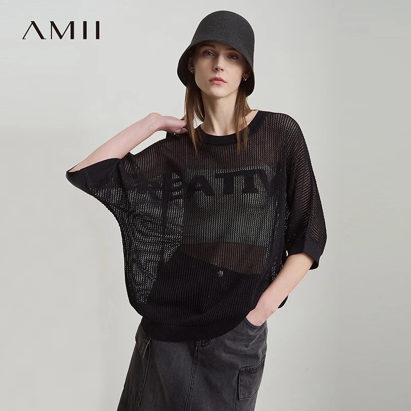 Amii Minimalist Women's Hollowed-out Knitted Pullover 2025 Summer New Half-sleeve Crew Neck Loose Blouse Thin Solid Top 12542139