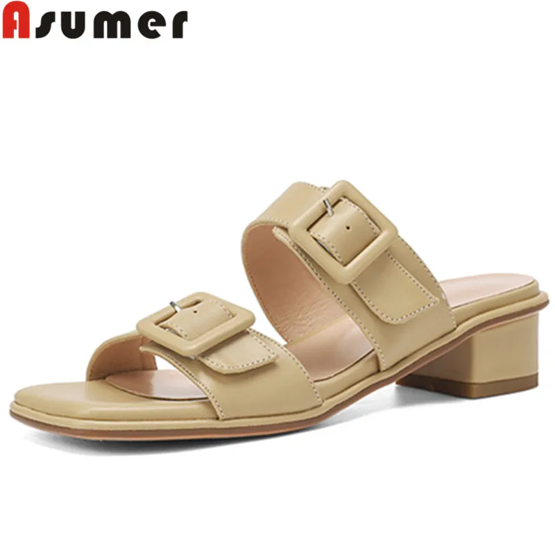 

ASUMER 2022 Size 32-43 New Microfiber Women Sandals Square Med Heels Sandals Buckle Slip On Ladies Summer Dress Shoes