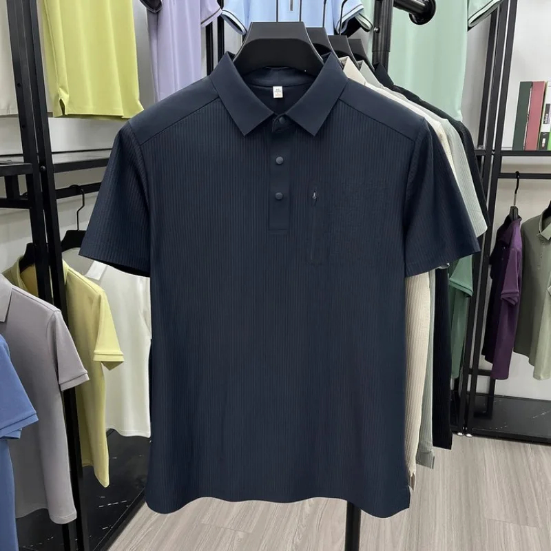 Summer Men‘s Short-sleeved Polo Shirts Zipper Decoration Casual Lapel  Business Fashion Solid Color Stripes Cool Soft T-Shirts